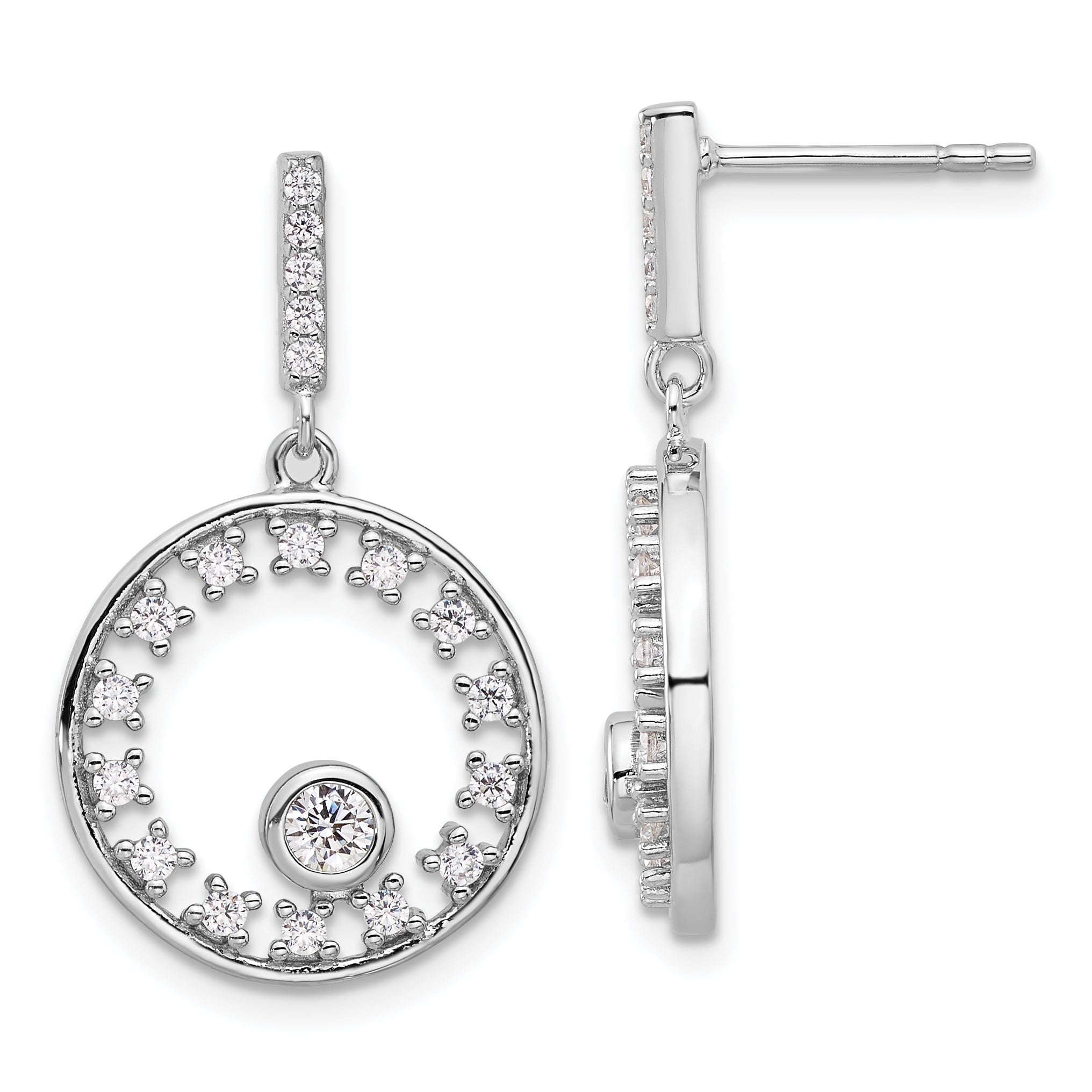 Pure Fire Sterling Silver Rhodium-plated Fancy Circle CZ Dangle Post Earrin