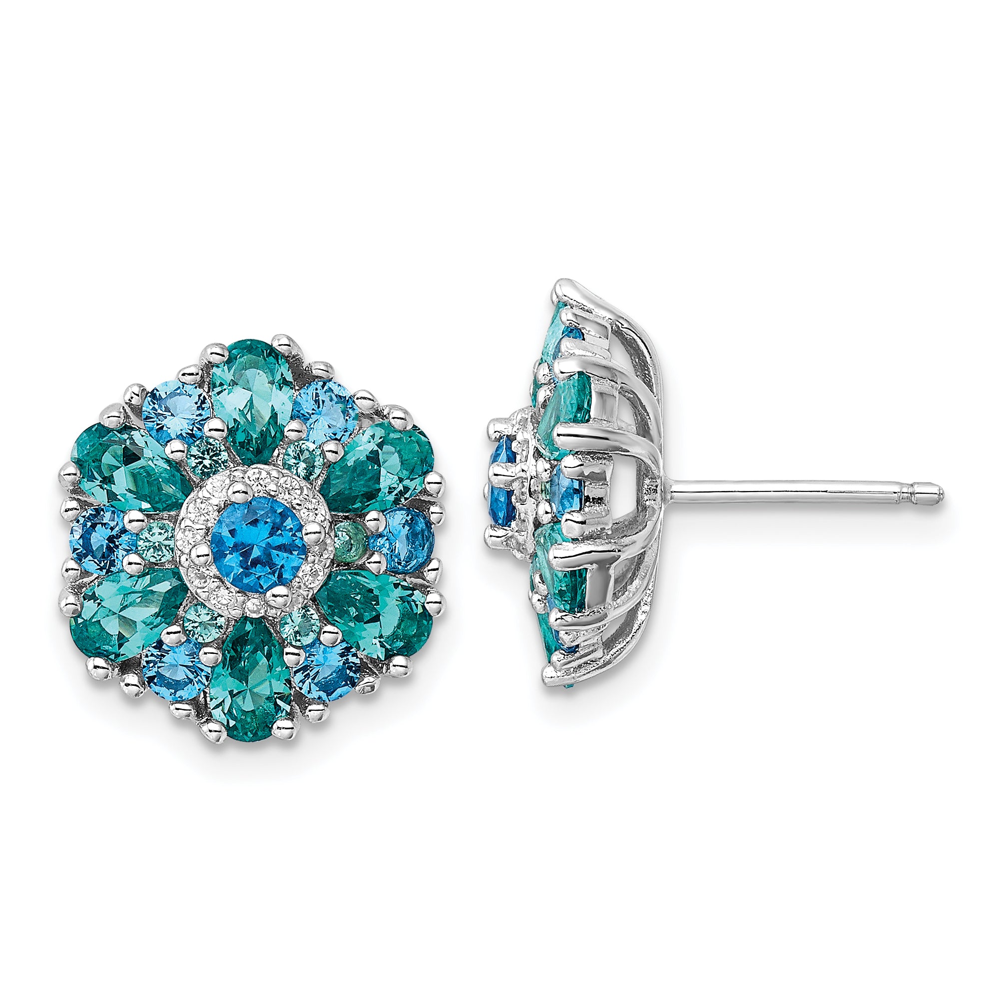 Sterling Silver Rh-pltd Blue/Green Nano Crystal and CZ Floral Post Earrings