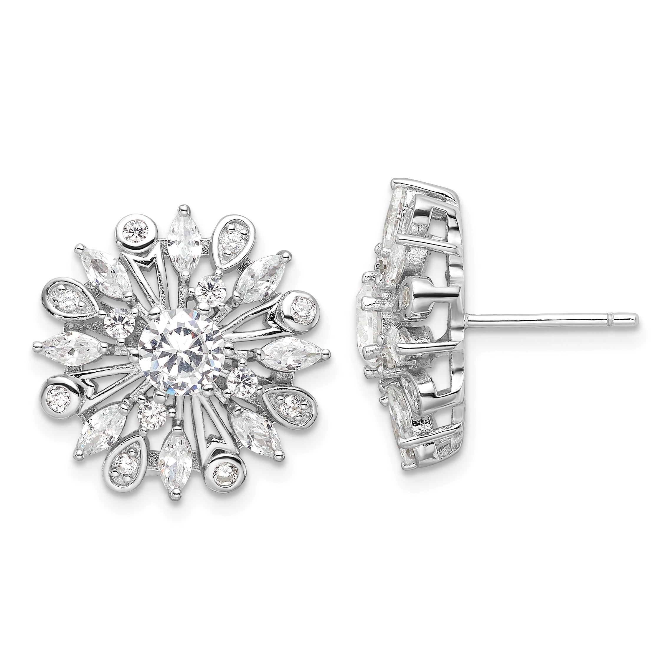 Sterling Silver Rhodium-plated CZ Floral Post Earrings