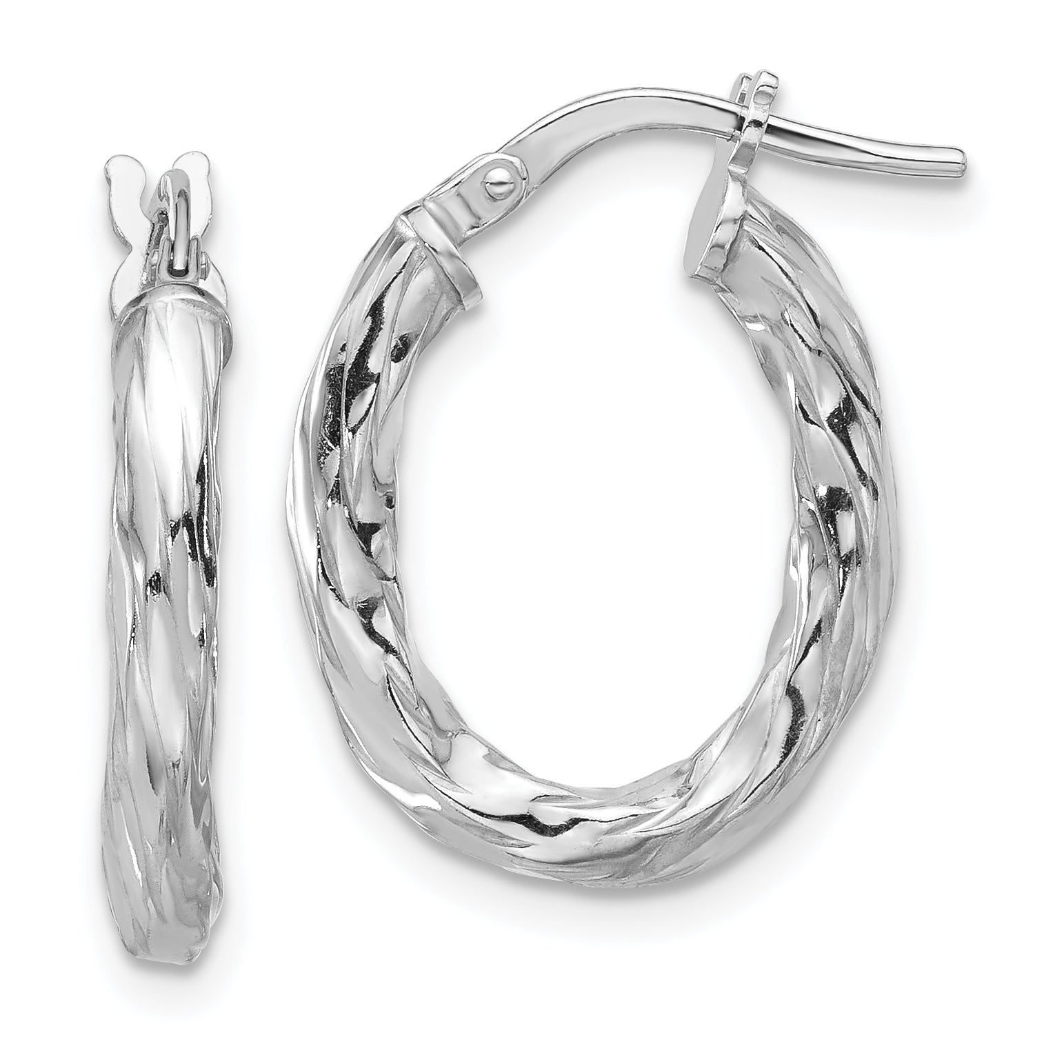 Sterling Silver Rh-plated Polished and Textured Twisted Oval Hoop Earrings