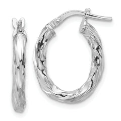 Sterling Silver Rh-plated Polished and Textured Twisted Oval Hoop Earrings