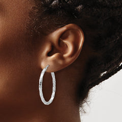 Sterling Silver Rh-plated Polished and Textured Twisted Oval Hoop Earrings
