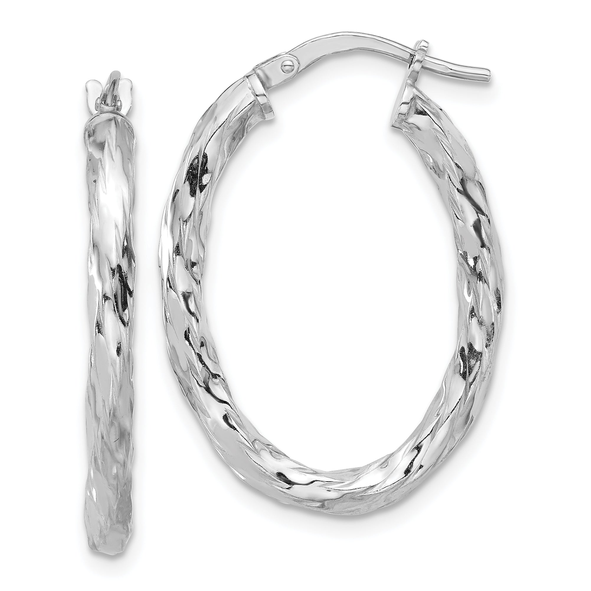 Sterling Silver Rh-plated Polished and Textured Twisted Oval Hoop Earrings