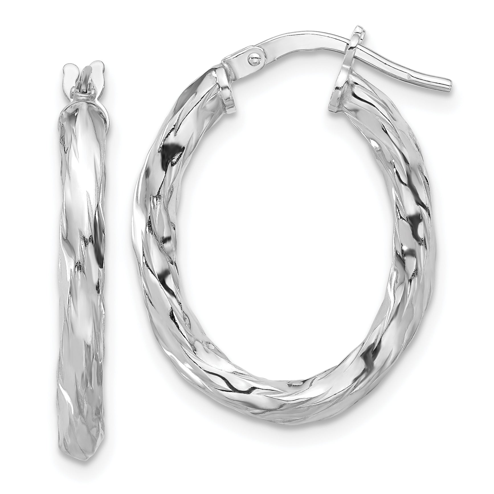 Sterling Silver Rh-plated Polished and Textured Twisted Oval Hoop Earrings