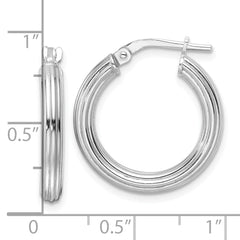 Sterling Silver RH-plated Polished Ridged 3mm Round Hoop Earrings