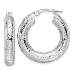 Sterling Silver Rhodium-plated Laser-cut 5mm Round Hoop Earrings