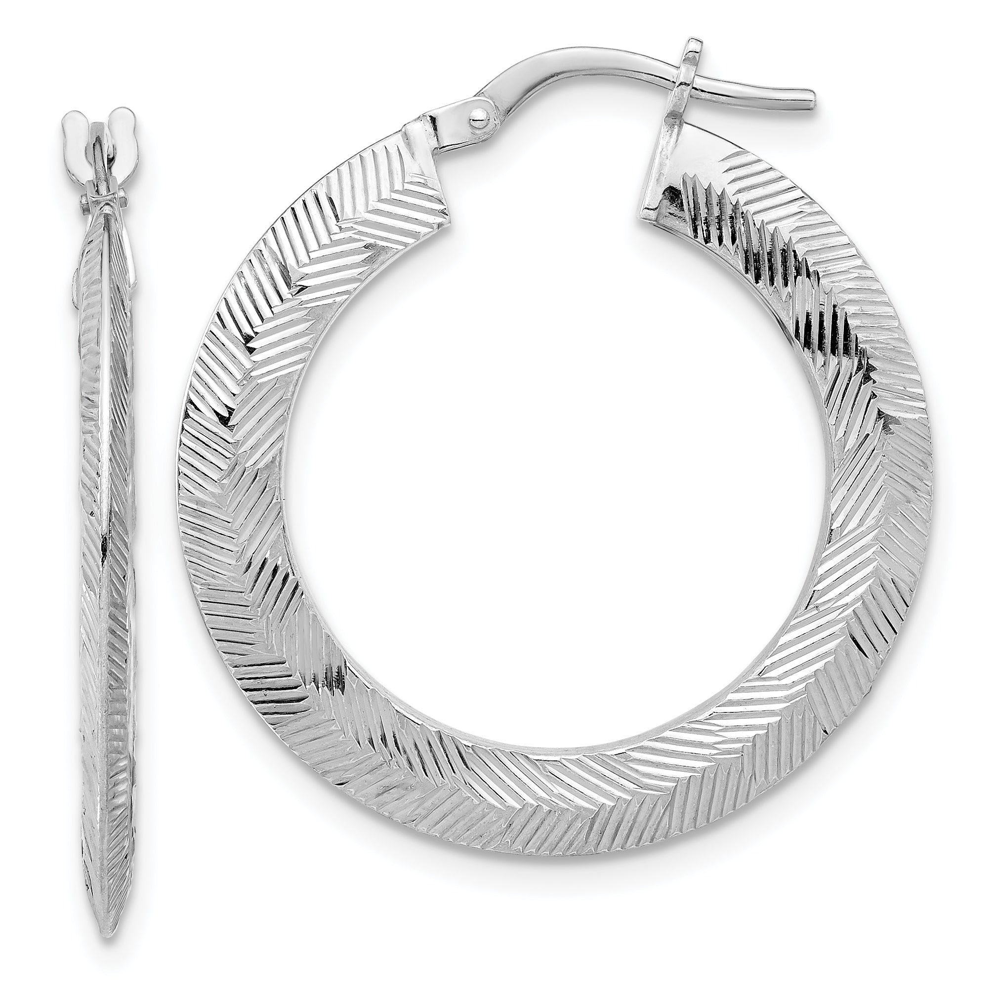 Sterling Silver Rhodium-plated D/C Knife Edge Round Hoop Earrings