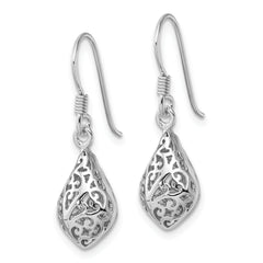Sterling Silver Rhod-plated Polished Puffed Teardrop Filigree Earrings