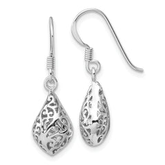 Sterling Silver Rhod-plated Polished Puffed Teardrop Filigree Earrings
