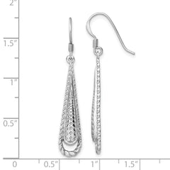 Sterling Silver Rhod-plated Polished Textured Long Teardrop Earrings