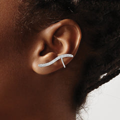 Sterling Silver Rhod-plated Polished Curved CZ Ear Cuff and Post Earrings