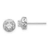 Sterling Silver Rhod-plated Textured Round CZ Cluster Post Earrings