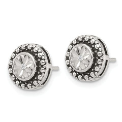 Sterling Silver Polished Antiqued and Diamond-cut CZ Post Earrings