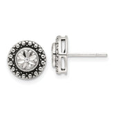 Sterling Silver Polished Antiqued and Diamond-cut CZ Post Earrings