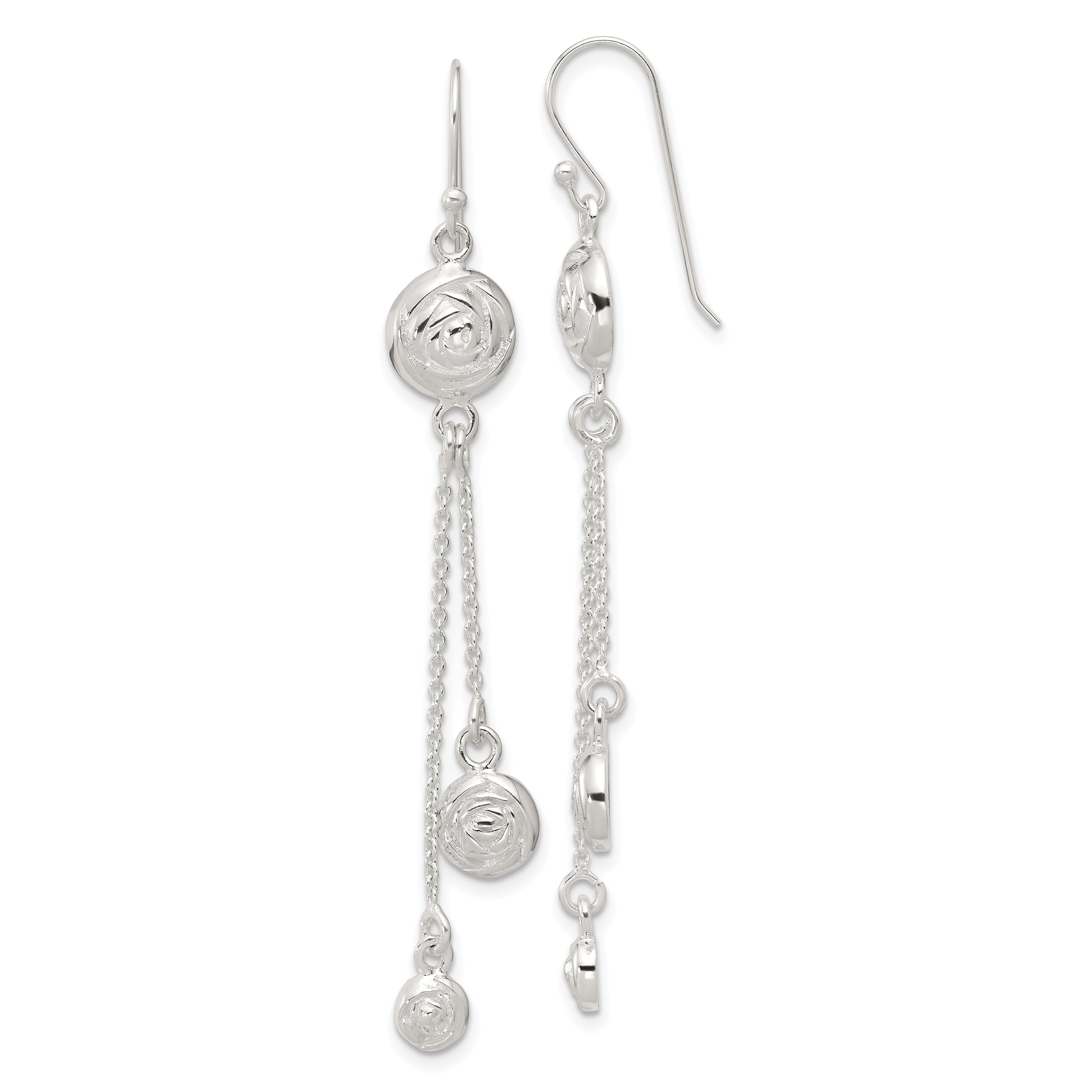 Sterling Silver Polished & Textured Multi-chain Rose Dangle Earrings