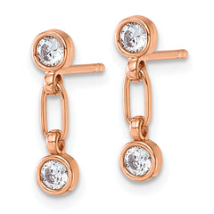 Sterling Silver Rose-tone Bezel CZ Post Dangle Earrings