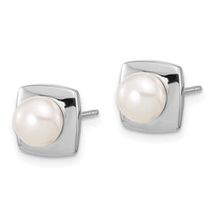 Sterling Silver Rhodium-plated 6-7mm White Button Freshwater Cultured Pearl Square Post Earrings