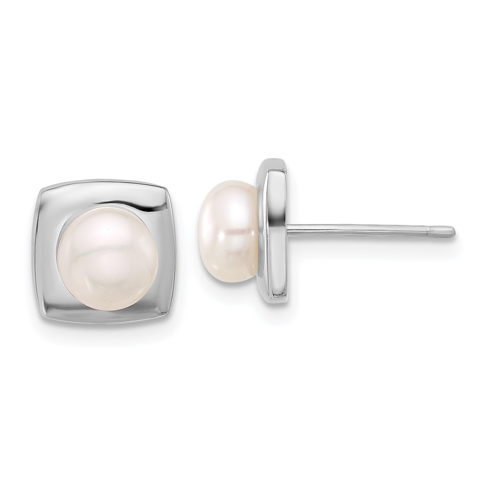 Sterling Silver Rhodium-plated 6-7mm White Button Freshwater Cultured Pearl Square Post Earrings