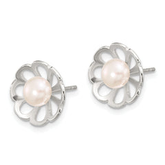 Sterling Silver Polished Flower Freshwater Cultured Pearl Post Earrings