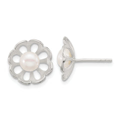 Sterling Silver Polished Flower Freshwater Cultured Pearl Post Earrings