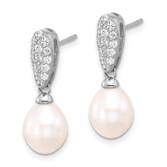 Sterling Silver Rhodium-plated 8-9mm White Teardrop Freshwater Cultured Pearl and CZ Post Dangle Earrings
