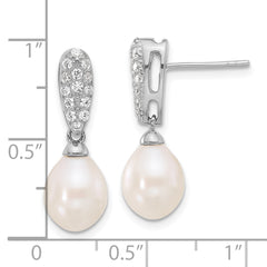 Sterling Silver Rhodium-plated 8-9mm White Teardrop Freshwater Cultured Pearl and CZ Post Dangle Earrings