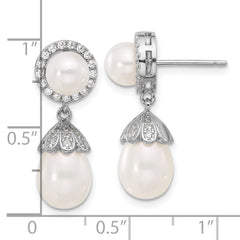 Sterling Silver Rhodium-plated 6-8mm White Rice and Button Freshwater Cultured Pearl and CZ Post Dangle Earrings