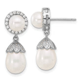 Sterling Silver Rhodium-plated 6-8mm White Rice and Button Freshwater Cultured Pearl and CZ Post Dangle Earrings