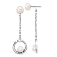 Sterling Silver Rhodium-plated 5-7mm White Button Freshwater Cultured Pearl Post Dangle Earrings
