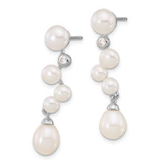 Sterling Silver Rhodium-plated 7-8/4-7mm White Rice and Button Freshwater Cultured Pearl and CZ Post Dangle Earrings