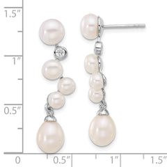 Sterling Silver Rhodium-plated 7-8/4-7mm White Rice and Button Freshwater Cultured Pearl and CZ Post Dangle Earrings