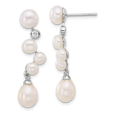 Sterling Silver Rhodium-plated 7-8/4-7mm White Rice and Button Freshwater Cultured Pearl and CZ Post Dangle Earrings