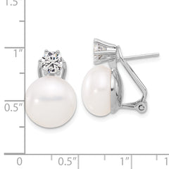 Sterling Silver Rhodium-plated 12-13mm White Freshwater Cultured Pearl and CZ Omega Back Earrings