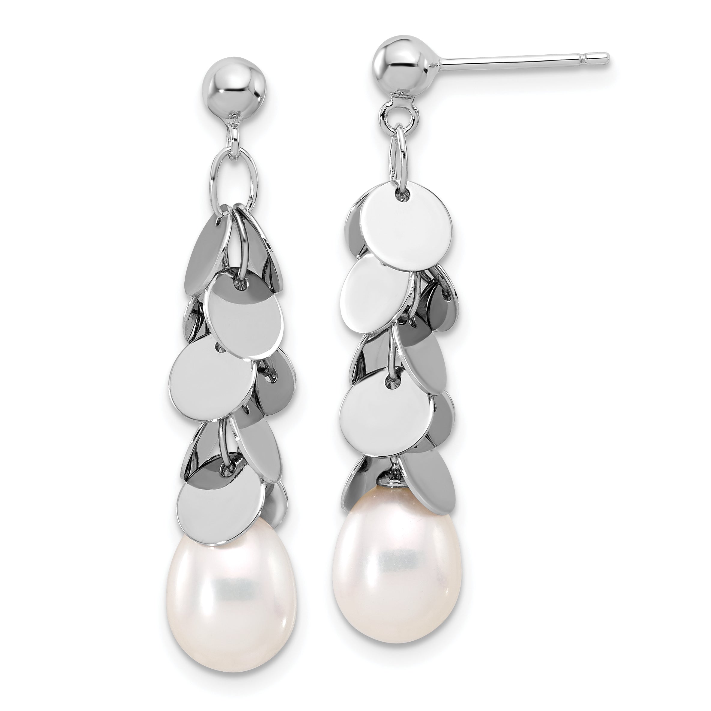 Sterling Silver Rhodium-plated 7-8mm White Teardrop Freshwater Cultured Pearl Post Dangle Earrings