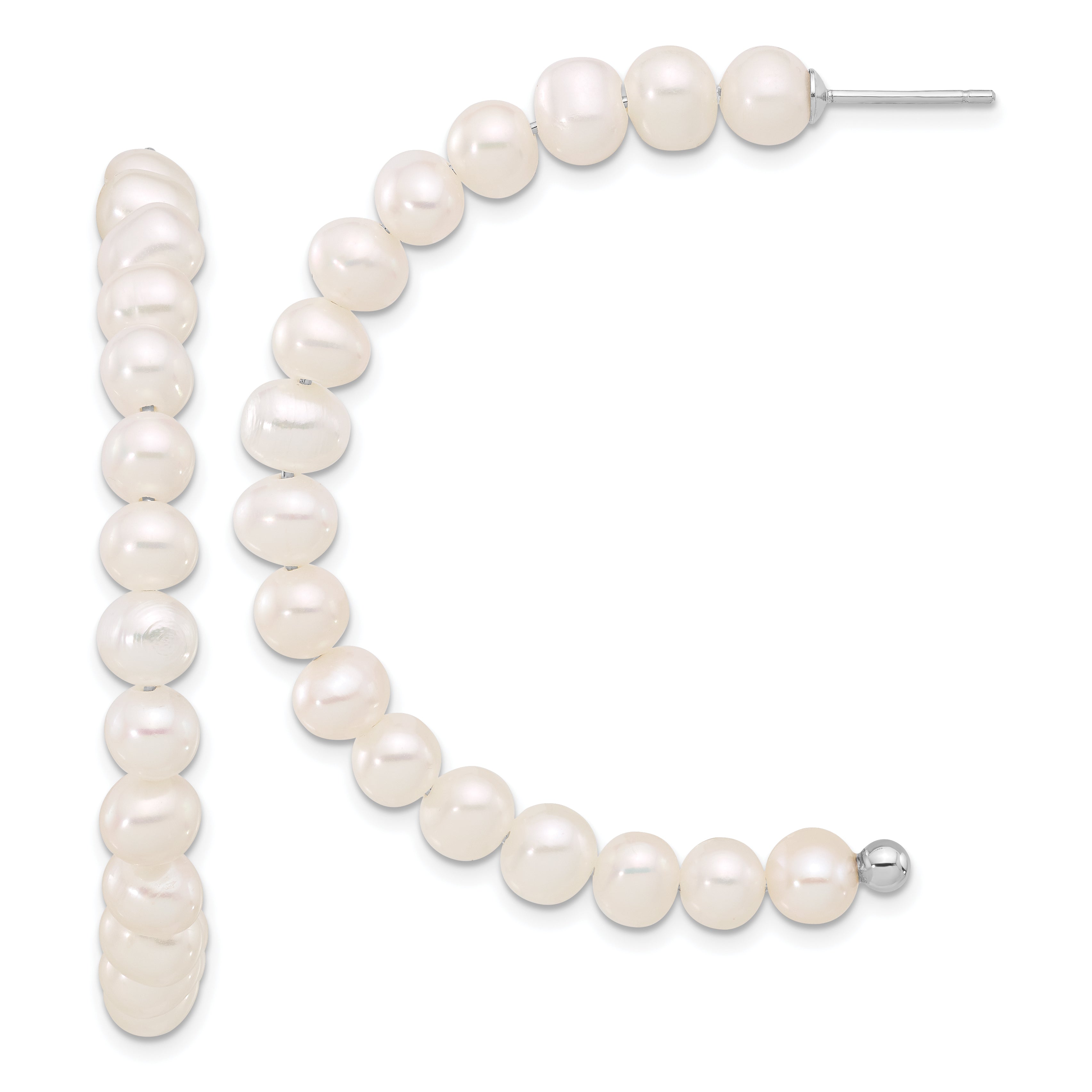Sterling Silver Rhodium-plated 5-6mm White Semi-Round Freshwater Cultured Pearl Post J-Hoop Earrings