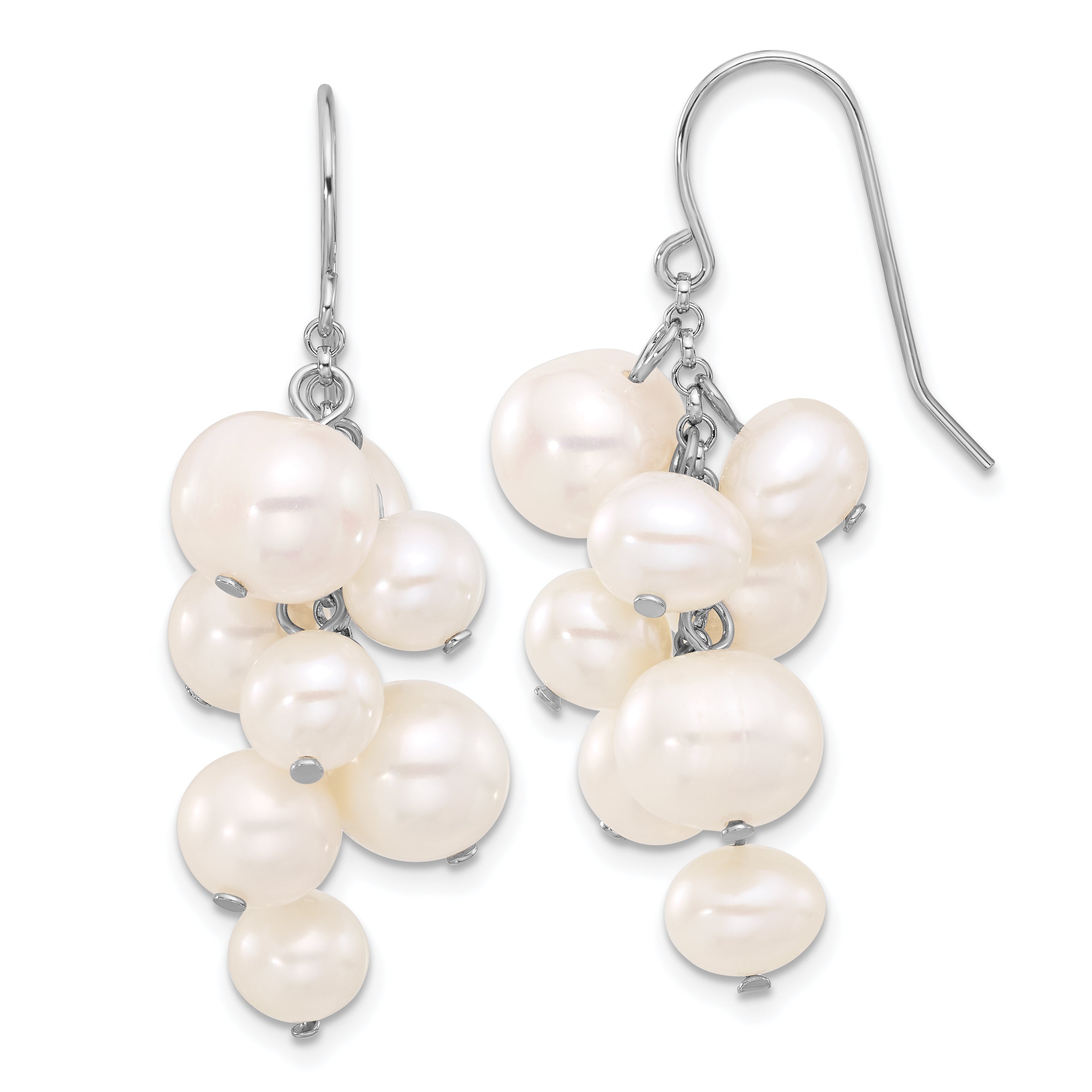 Sterling Silver Rhodium-plated 6-10mm White Near-Round Freshwater Cultured Pearl Dangle Earrings