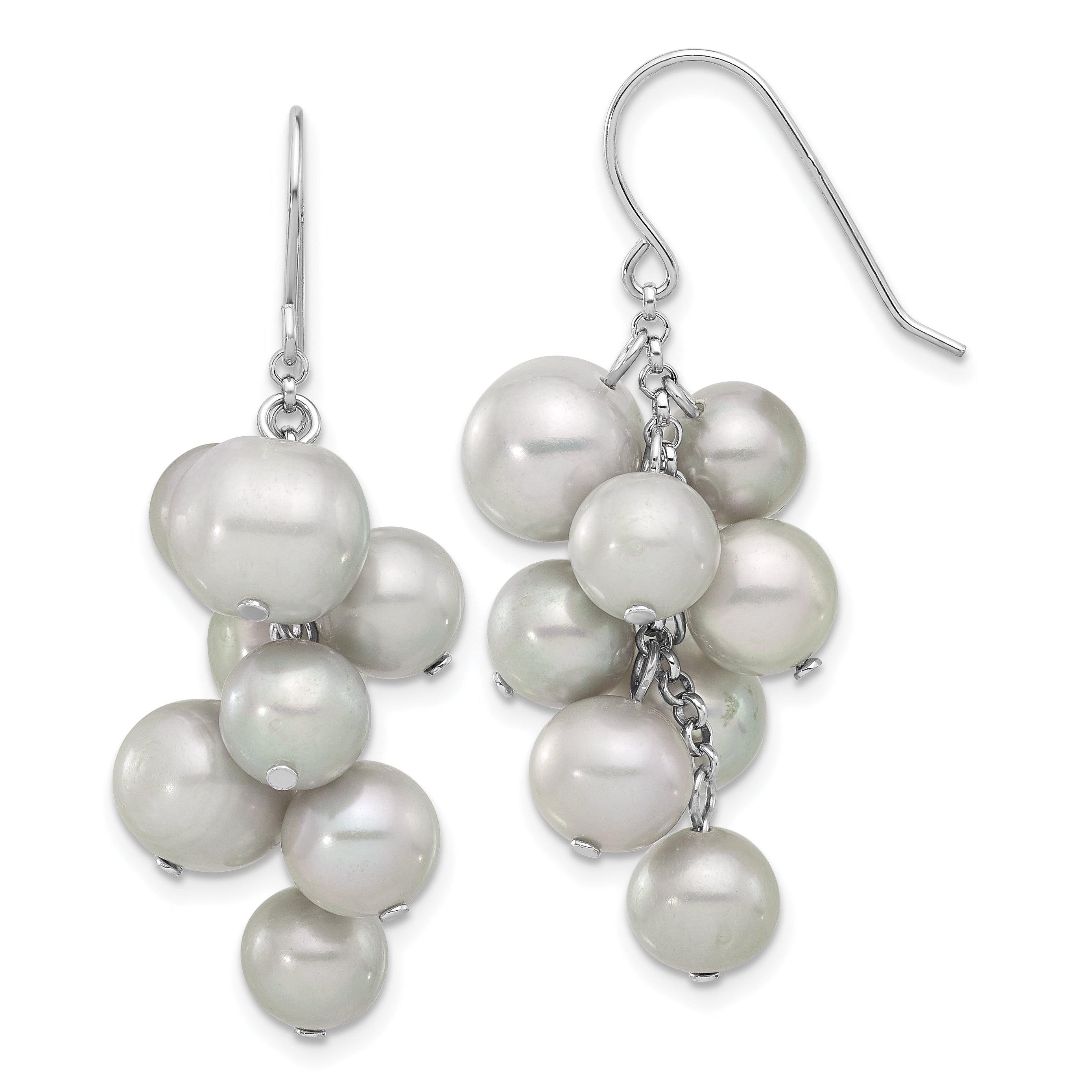 Sterling Silver Rhodium-plated 6-10mm Grey Near-Round Freshwater Cultured Pearl Dangle Earrings