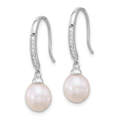 Sterling Silver Rhodium-plated 7-8mm White Teardrop Freshwater Cultured Pearl and CZ Dangle Earrings