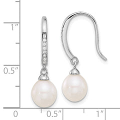 Sterling Silver Rhodium-plated 7-8mm White Teardrop Freshwater Cultured Pearl and CZ Dangle Earrings