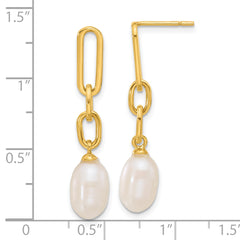 Sterling Silver Gold-tone Polished Synthetic Pearl Link Dangle Earrings