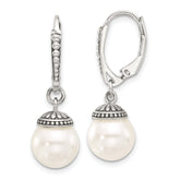 Sterling Silver Polished and Antiqued Syn. Pearl Leverback Dangle Earrings