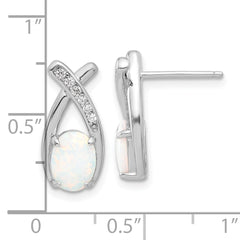 Sterling Silver Rhodium-plated Polished CZ & Created Opal 'X' Post Earrings