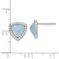 Sterling Silver Rhodium-plated CZ & Blue Chalcedony Triangle Post Earrings