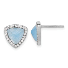 Sterling Silver Rhodium-plated CZ & Blue Chalcedony Triangle Post Earrings