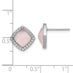 Sterling Silver Rhod-plated Polished CZ & Rose Quartz Square Post Earrings