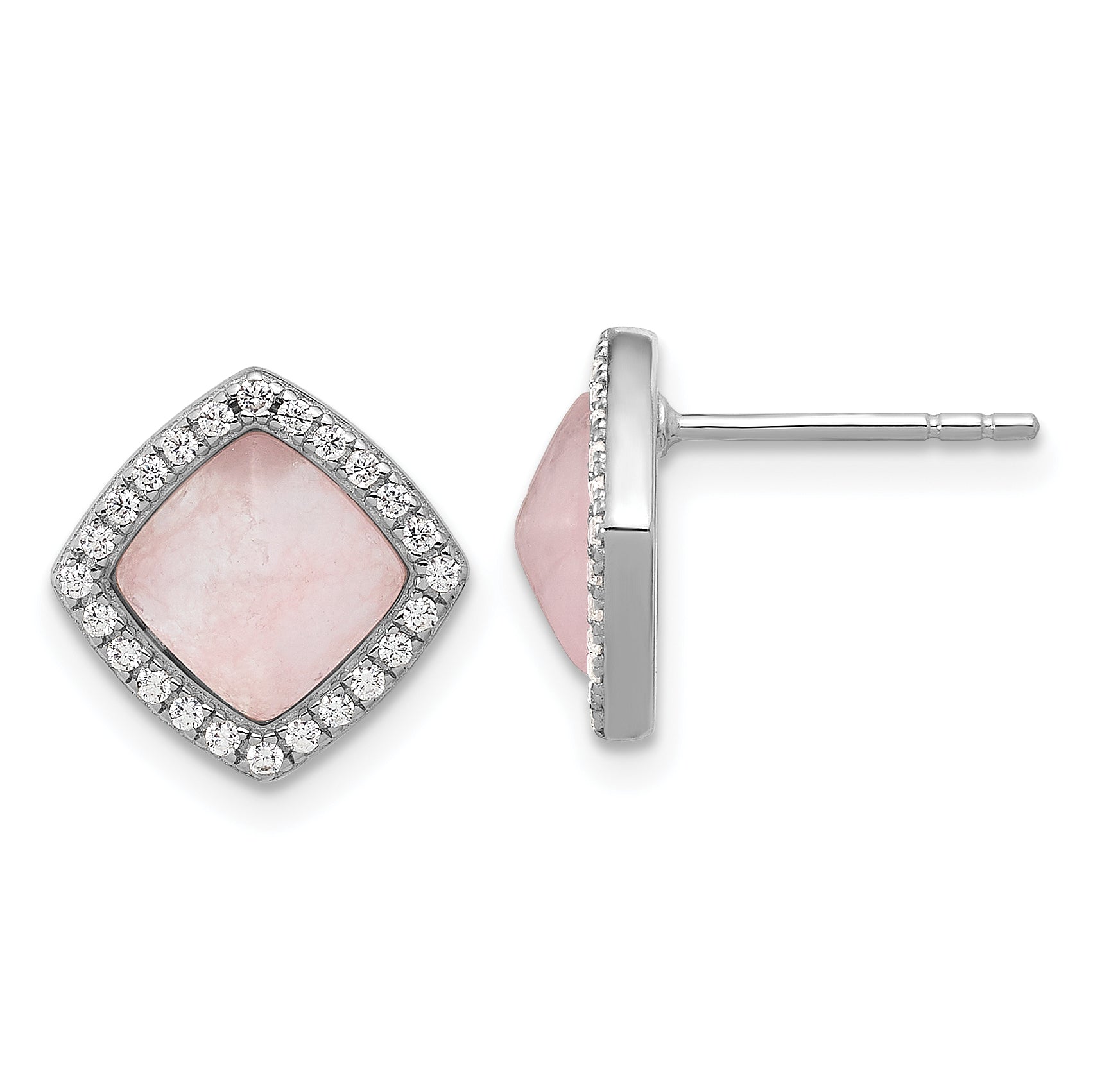 Sterling Silver Rhod-plated Polished CZ & Rose Quartz Square Post Earrings