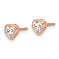 Sterling Silver Rose Tone CZ Bezel Heart Post Earrings