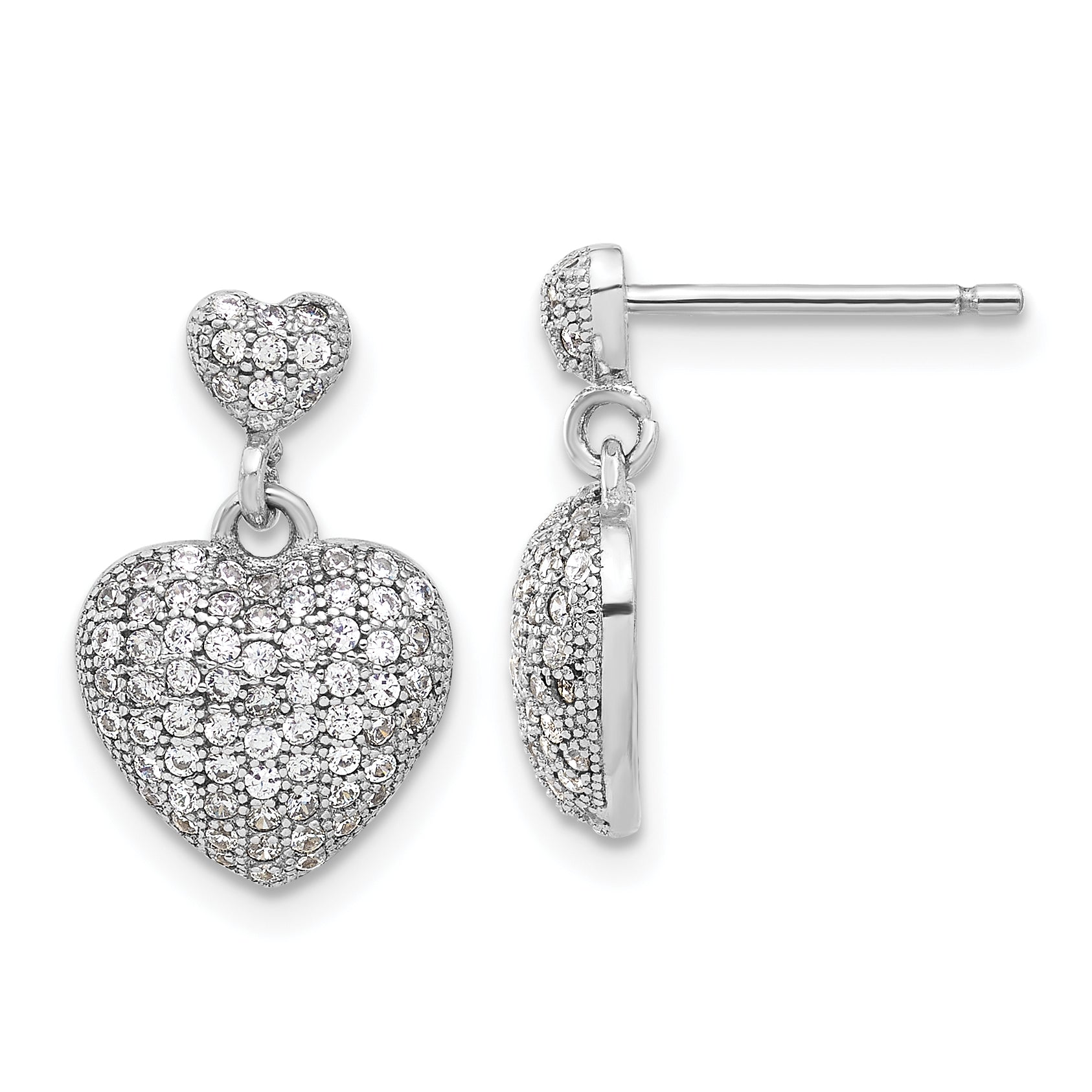 Sterling Silver Rhodium-plated Pave CZ Heart Dangle Post Earrings