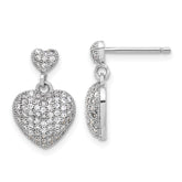 Sterling Silver Rhodium-plated Pave CZ Heart Dangle Post Earrings