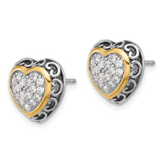 Sterling Silver Rh-plated w/14k accent CZ Cluster Heart Post Earrings